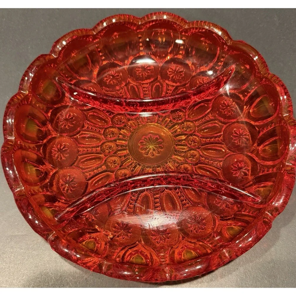 Vintage Moon and Star Amberina Glass Relish Dish 3 Part‎ Divided Server Red
